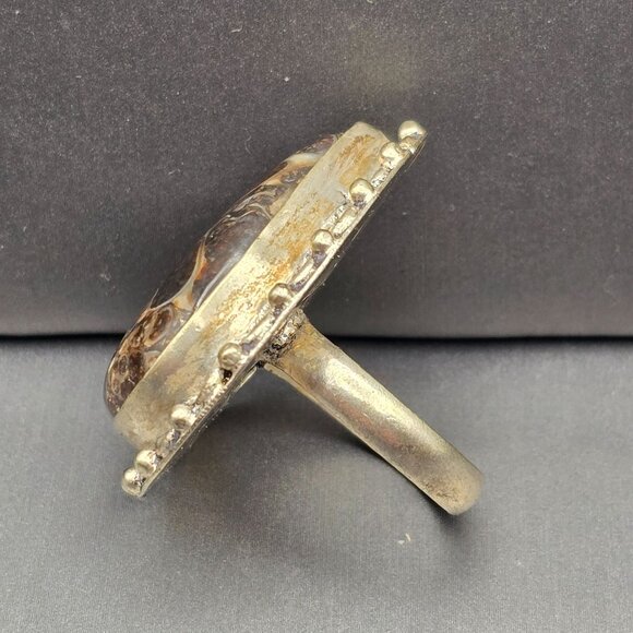 925 Sterling Silver Plated Turritella Agate Ring Size 8 Bezel Setting Bohemian - Picture 2 of 13